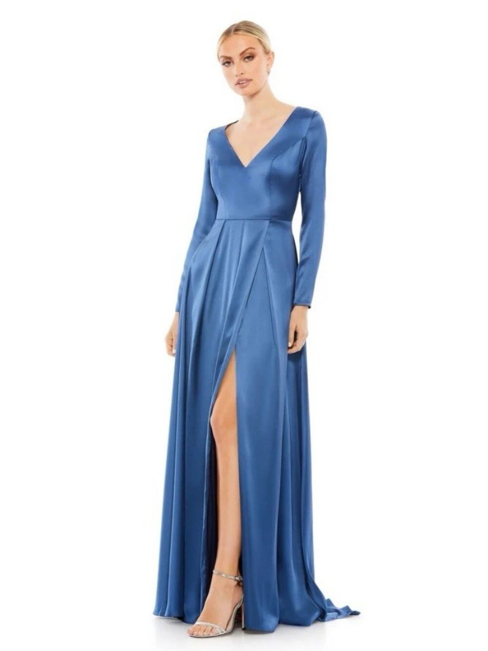 Mac Duggal Size 2 Blue 26613 Long Sleeve Satin A-Line Formal Gown Dress Wedding